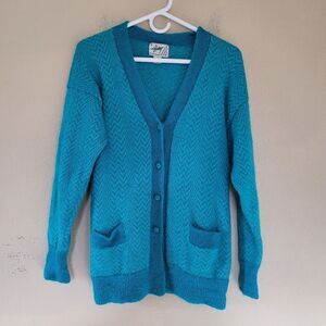 VTG HELLET Womens Alpaca Hair Wool Teal Cardigan Sweater Large Pockets Chevron
